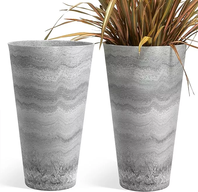 worth-garden-2-pack-grey-matte-texture-round-tapered-planter-24-5-h-tall-plastic Worth Garden 2-Pack Grey Matte Texture Round Tapered Planter - 24.5" H. Tall Plastic Plant Pots with Drain Hole for Indoor Outdoor - Modern Decorative Flower Pots for Front Porch, Patio, Deck