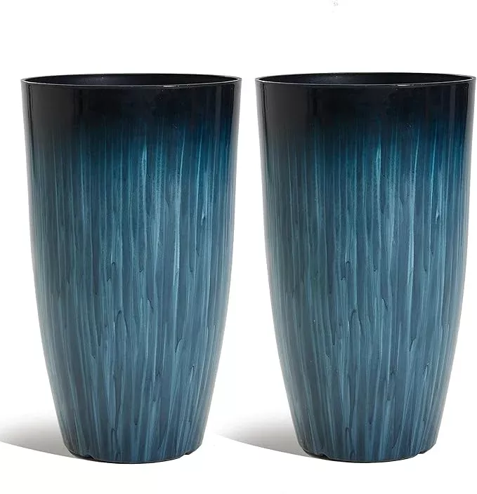 worth-garden-20-h-large-plastic-planters-set-2-gradient-blue-glossy-smooth-finis Worth Garden 20" H. Large Plastic Planters - Set of 2 Gradient Blue Glossy Smooth Finish - Tall Plant Pots for Indoor & Outdoor Use - Decorative Lightweight Flower Pots for Front Porch, Patio, Deck