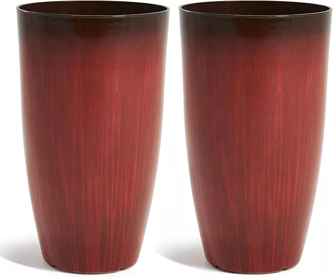 worth-garden-20-h-plastic-planters-set-2-gradient-red-glossy-smooth-finish-tall- Worth Garden 20" H. Plastic Planters - Set of 2 Gradient Red Glossy Smooth Finish - Tall Plant Pots Drain Hole for Indoor Outdoor Use - Decorative Lightweight Flower Pots for Front Porch, Patio, Deck