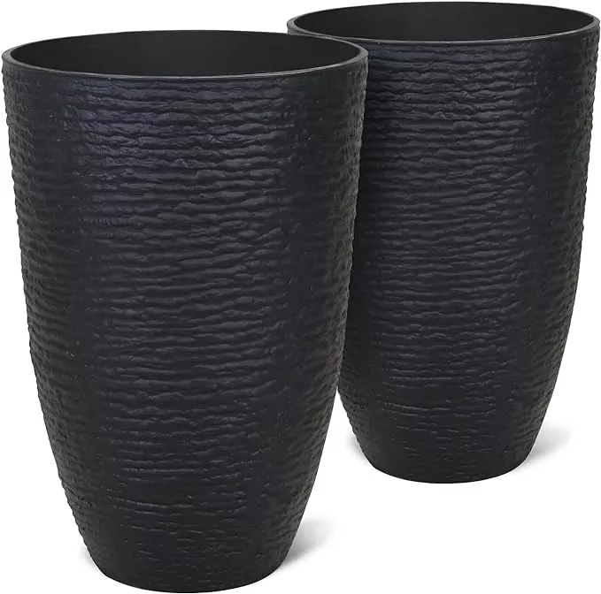worth-garden-21-h-tall-planters-2-pack-14-dia-resin-large-round-black-flower-pot Worth Garden 21" H Tall Planters 2 Pack - 14'' Dia Resin Large Round Black Flower Pots for Outdoor Plants Trees - Imitation Stone Finish Plastic Indoor Front Porch 9 Gallon Decorative Container Patio