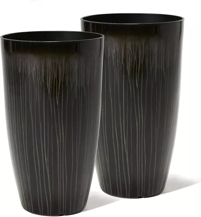worth-garden-23-5-h-large-plastic-planters-set-2-gradient-black-glossy-smooth-fi Worth Garden 23.5" H. Large Plastic Planters - Set of 2 Gradient Black Glossy Smooth Finish - Tall Plant Pots for Indoor & Outdoor Use - Decorative Lightweight Flower Pots for Front Porch, Patio, Deck