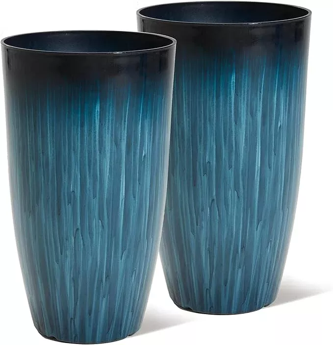 worth-garden-23-5-h-large-plastic-planters-set-2-gradient-blue-glossy-smooth-fin Worth Garden 23.5" H. Large Plastic Planters - Set of 2 Gradient Blue Glossy Smooth Finish - Tall Plant Pots for Indoor & Outdoor Use - Decorative Lightweight Flower Pots for Front Porch, Patio, Deck