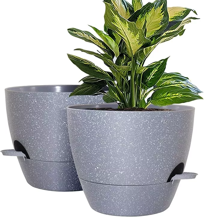 wousiwer-10-inch-self-watering-planters-2-pack-large-plastic-plant-pots-with-dee WOUSIWER 10 inch Self Watering Planters, 2 Pack Large Plastic Plant Pots with Deep Reservior and High Drainage Holes for Indoor Outdoor Plants and Flowers, Speckled Black with Green