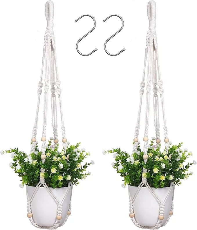 yibot-2-pack-macrame-plant-hanger-indoor-hanging-planter-basket-with-wood-beads- YIBOT 2 Pack Macrame Plant Hanger Indoor Hanging Planter Basket with Wood Beads Decorative Flower Pot Holder No Tassels for Indoor Outdoor Boho Home Decor-35 Inch