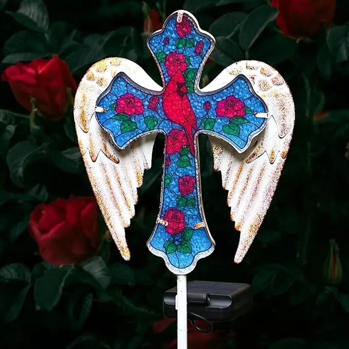 yjfwal-cardinal-bird-rose-cross-garden-stake-light-solar-glass-cross-cemetery-gr YJFWAL Cardinal Bird&Rose Cross Garden Stake Light, Solar Glass Cross for Cemetery Grave, Jesus Cross Angel Wings Sympathy Memorial Gifts, Halloween Christmas Garden Lawn Yard Patio Decor