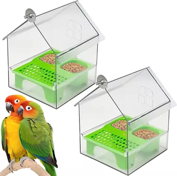 Ziveseller/Sowhathow Pull-Out External Parrot Feeder, Parrot Feeder Parakeet House Bird Bath Transparent Dish Water, Hanging Wild Bird Seed with Squirrel Proof Tray (White)