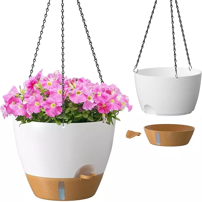 zmtech-12-inch-hanging-planters-indoor-outdoor-plants-2-pack-self-watering-hangi ZMTECH 12 Inch Hanging Planters for Indoor Outdoor Plants, 2 Pack Self Watering Hanging Plant Pots with Drainage Hole, Visual Reservoir, Plastic Flower Hanging Pots with Watering Lip (Black)
