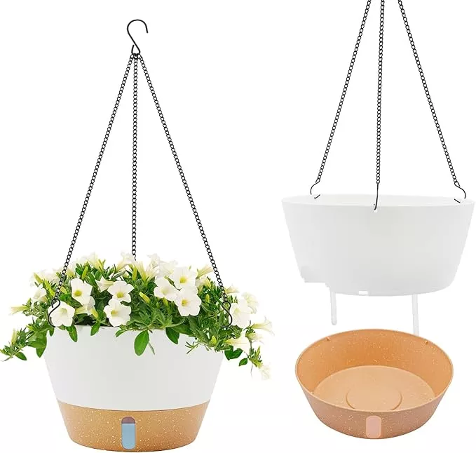 zmtech-12-inch-hanging-planters-outdoor-2-pack-self-watering-pots-indoor-plants- ZMTECH 12 Inch Hanging Planters for Outdoor, 2 Pack Self Watering Pots for Indoor Plants, Large Hanging Baskets for Plants Outdoor with Visual Reservoir and Drainage Hole(White)