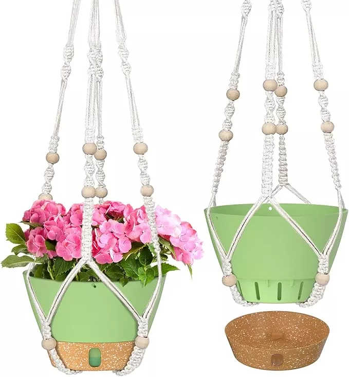 ZMTECH 2 Pack 10 Inch Hanging Planters with Macrame Plant Hanger for Indoor and Outdoor Plants, Self Watering, Drainage Hole, Visible Level Tray, Gray